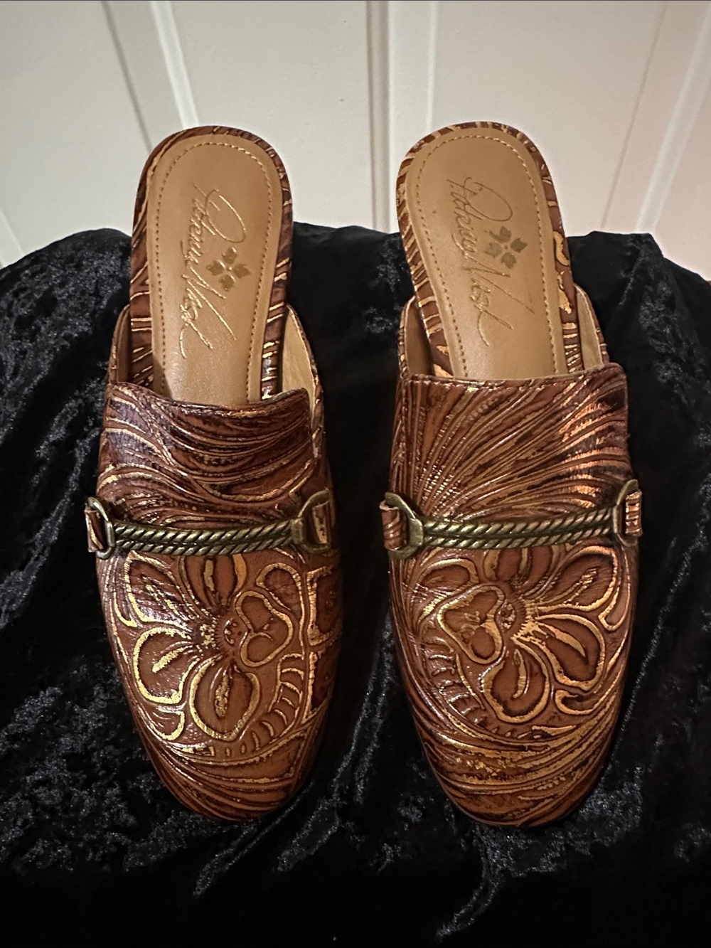 Patricia Nash Metallic Bronze Floral Embossed Slip-On Mules